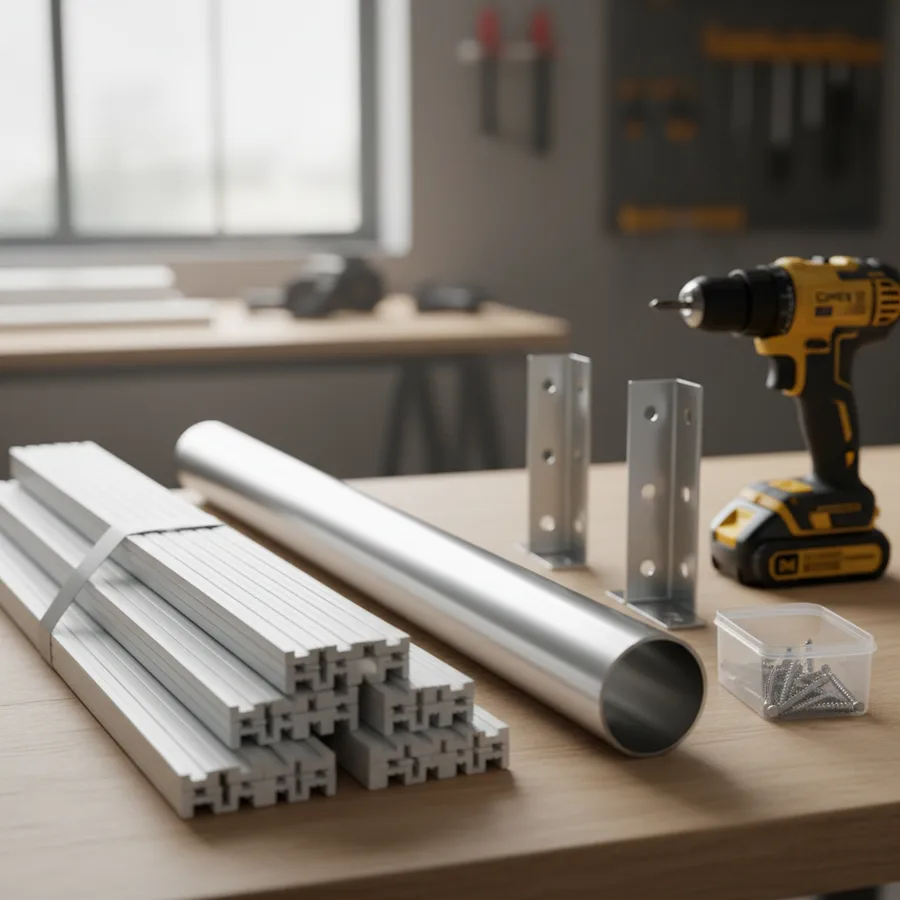 Materiales de instalación de persianas: lamas de aluminio, eje y soportes sobre mesa de trabajo