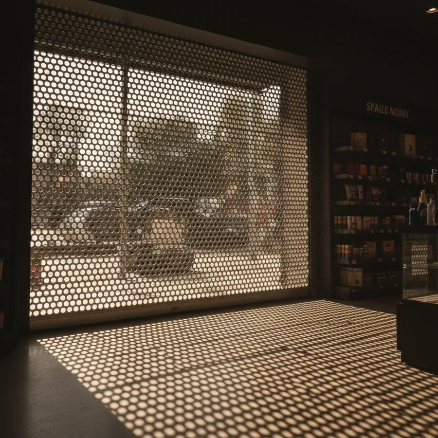 Interior de local con luz natural filtrándose a través de persiana metálica microperforada
