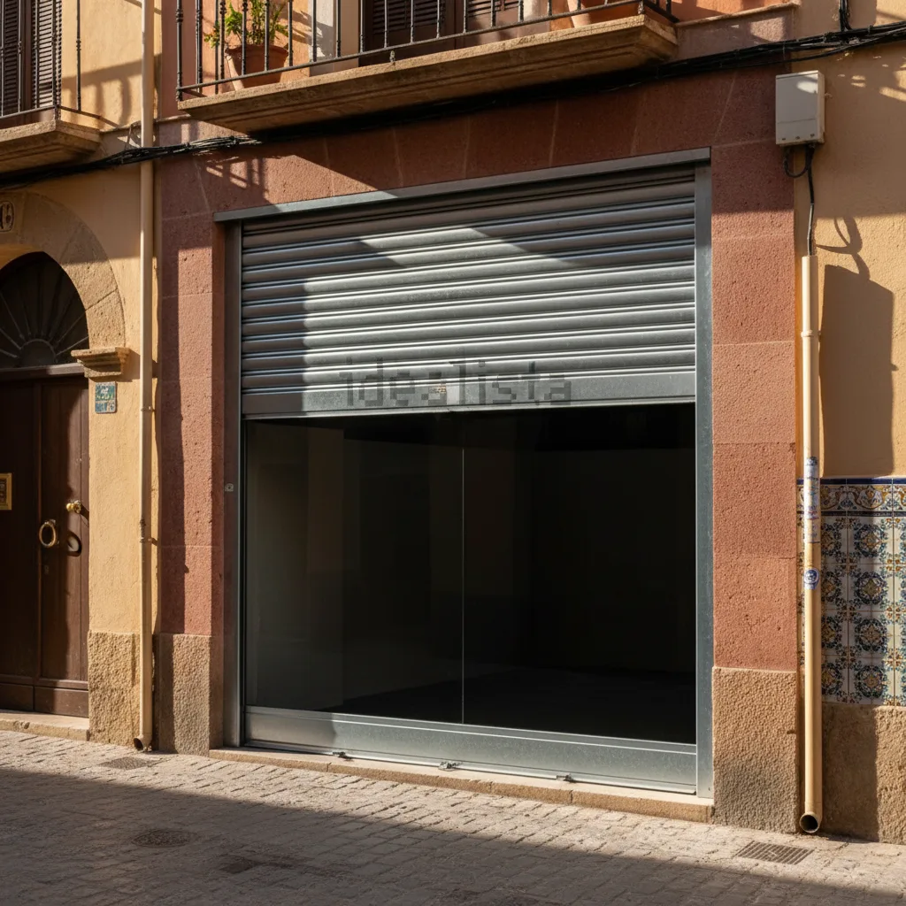Fachada de local comercial con persiana metálica de seguridad parcialmente levantada